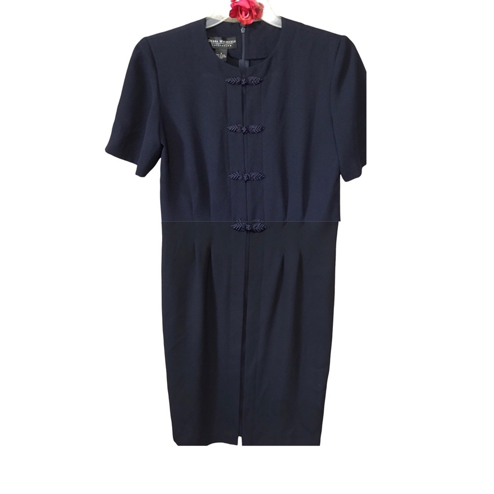 Vintage Debra Michaels Navy Blue Frog Closure Office Sheath Midi Dress Sz 6